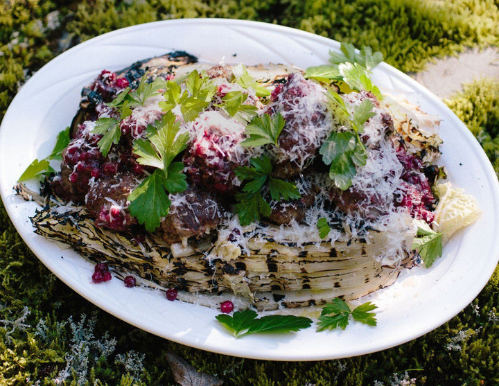 Moose Meatballs with Low Bush Cranberries & Smoked Cabbage