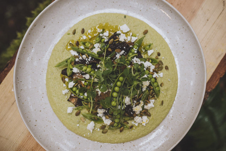 Spring Pea & Pumpkin Seed Hummus with Morels and Sugarsnaps