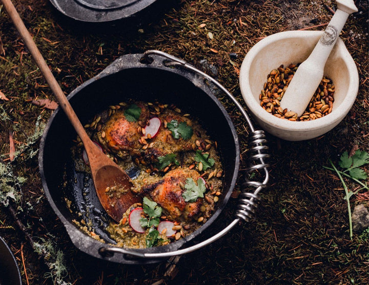 Campfire Chicken Braised in Pumpkin Seed Salsa